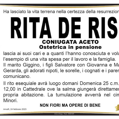 Amalfi e Minori dicono addio all'ostetrica Rita De Riso, coniugata Aceto