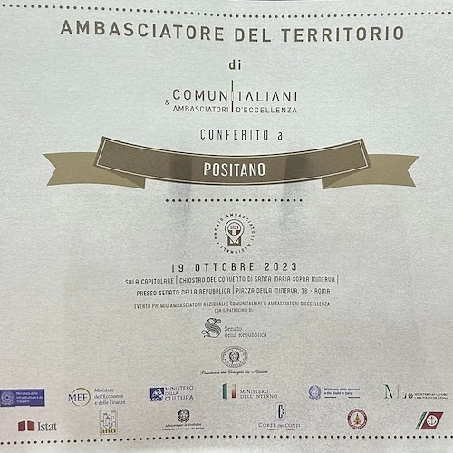 Il sindaco di Positano, Giuseppe Guida, ha ricevuto ieri, 19 ottobre, presso il Senato della Repubblica Italiana, il “Premio Ambasciatori Nazionali”<br />&copy; Giuseppe Guida