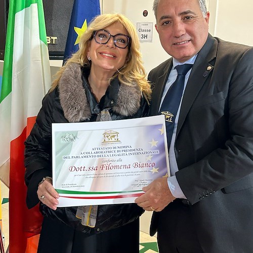 Riconoscimento per la dottoressa battipagliese Filomena Bianco, nominata Coordinatrice di Presidenza del Parlamento della Legalità Internazionale